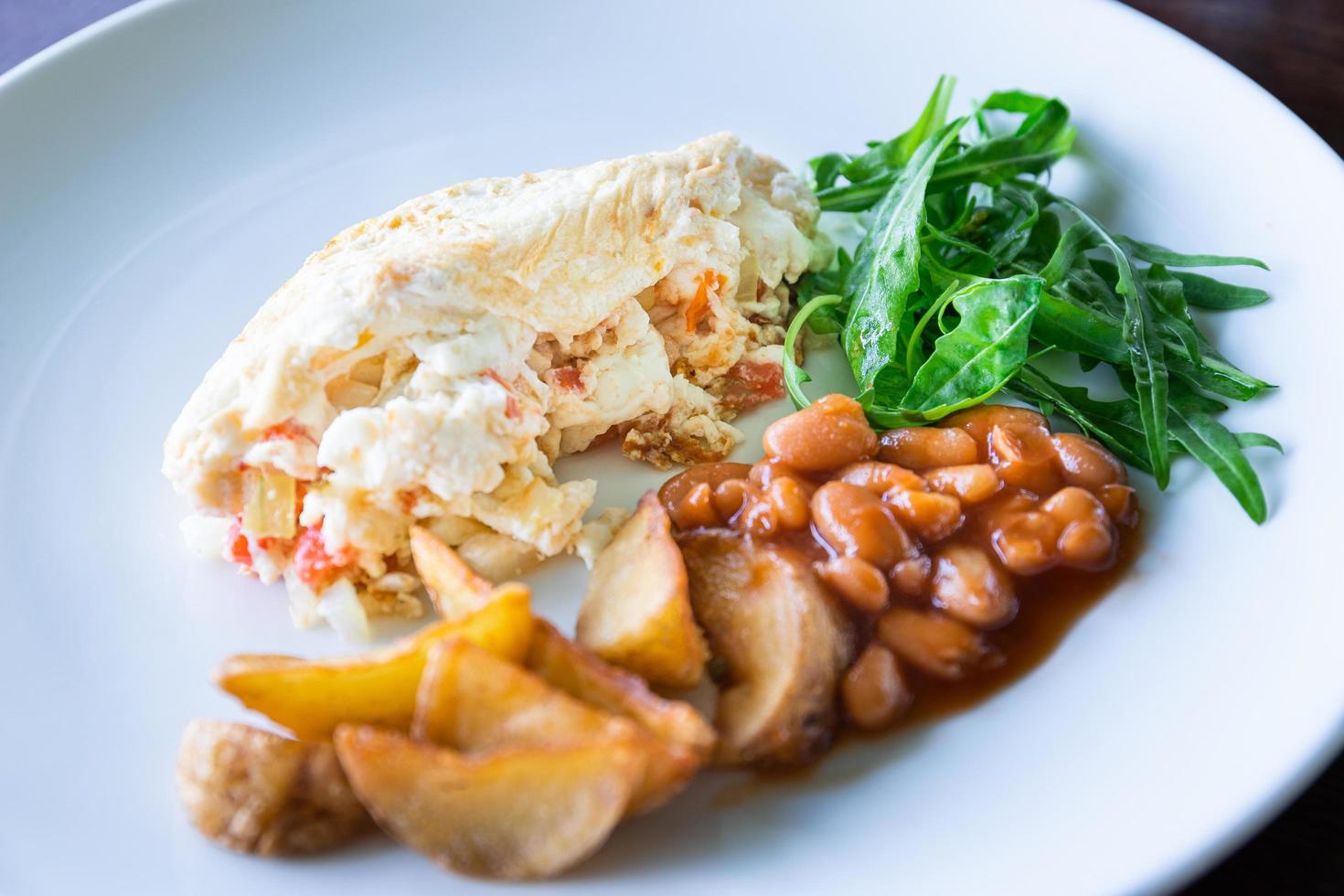 egg white omelette with beans potatoes and salad, healthy breakfast photo