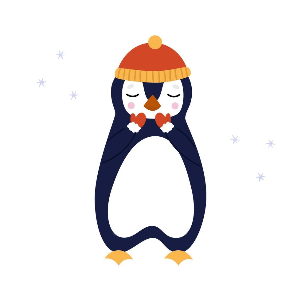 un lindo pingüino se encuentra en un sombrero rojo y guantes. tarjeta de felicitación o papel tapiz vector