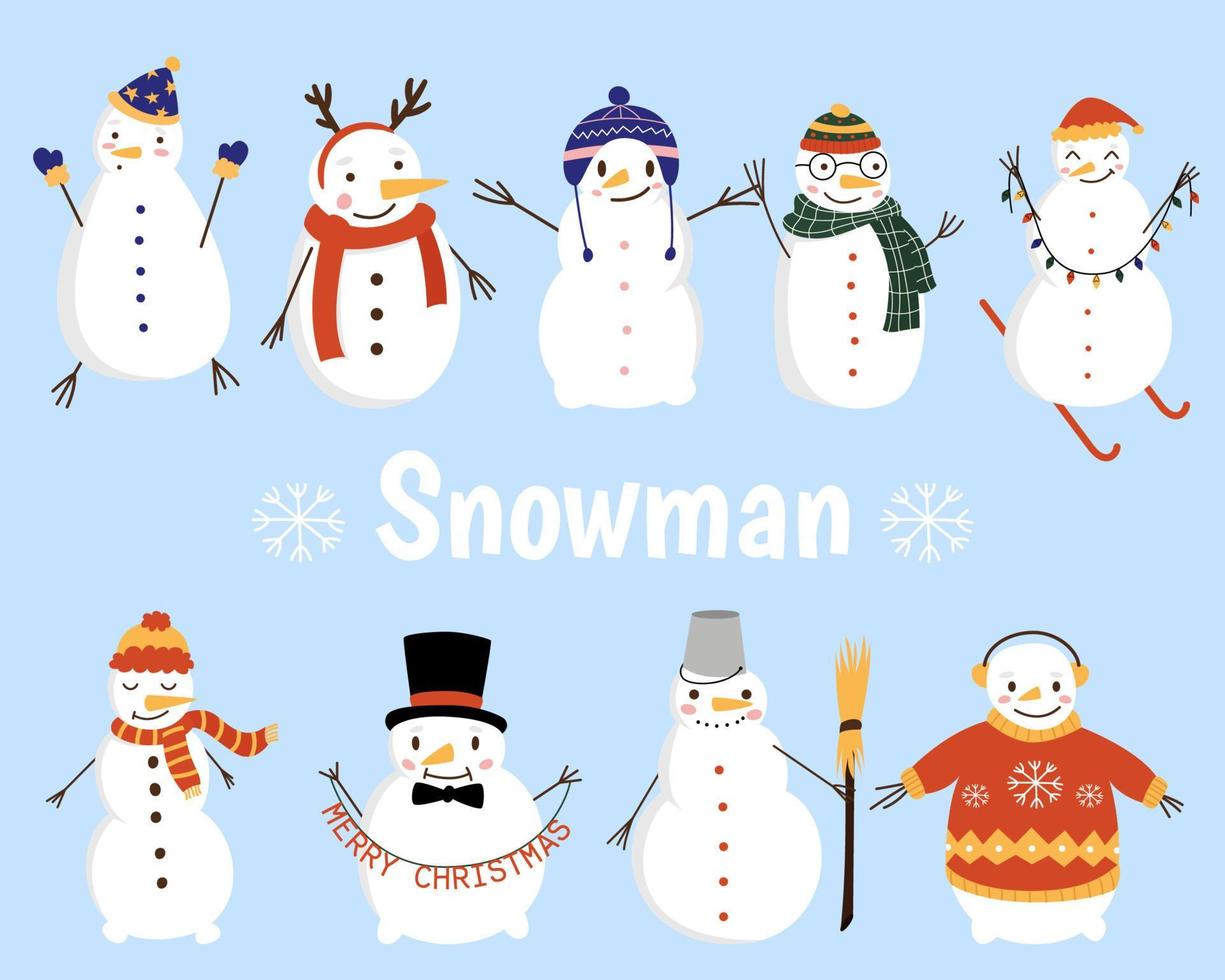 vector conjunto de muñecos de nieve de dibujos animados de invierno sobre un fondo azul. vector ilustración plana.