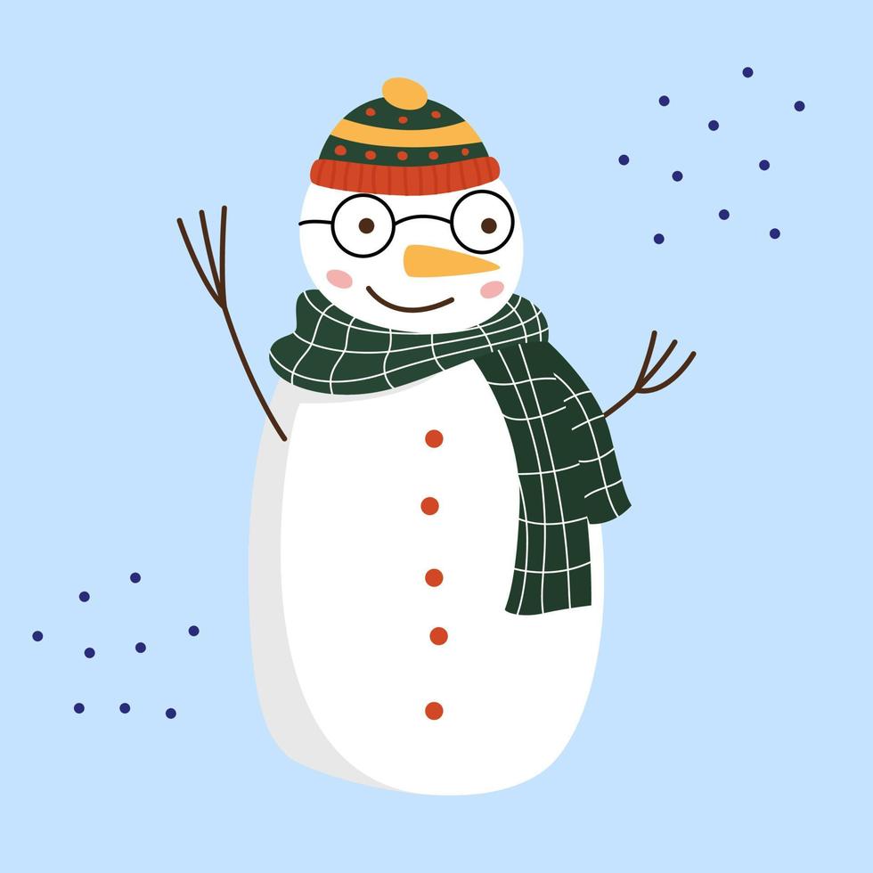 A cute cartoon snowman student with glasses from sight, in a hat and a green scarf, stands on a blue background. Vector flat illustration.