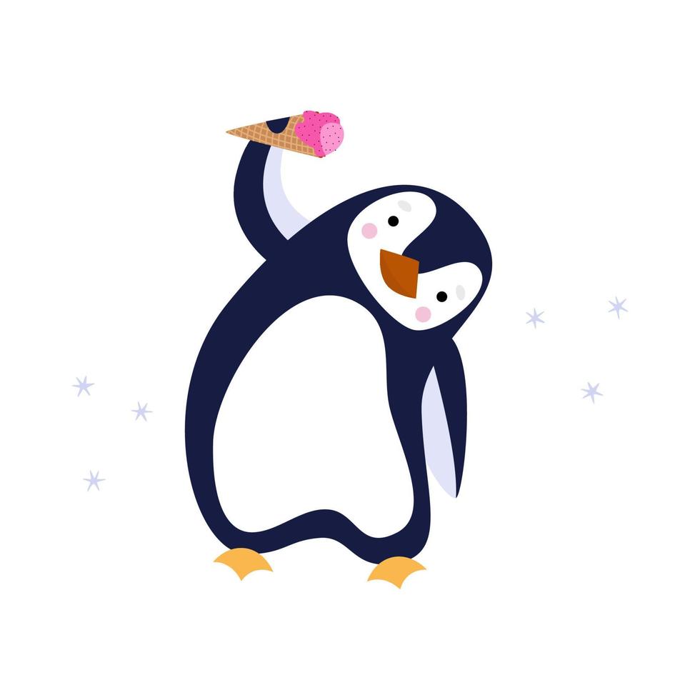 Cute penguin trying to eat ice cream, isolated on white background. Vector flat illustration