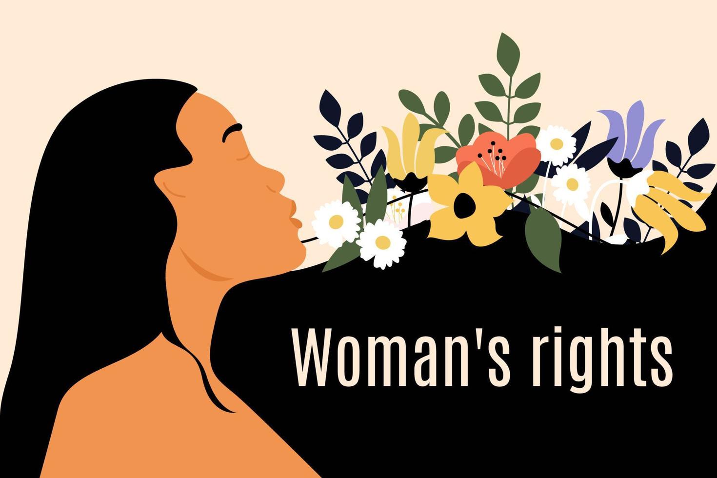 Congratulatory banner for women rights day. Woman with long hair and flowers on the poster. Greeting card, banner, template, poster. Vector flat and vintage illustration.