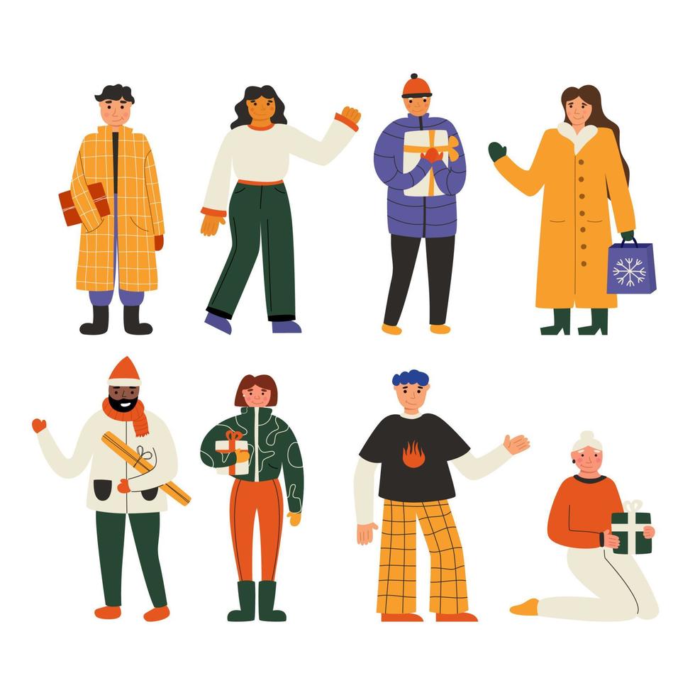 Vector set of people in winter clothes with gifts for Merry Christmas or New Year