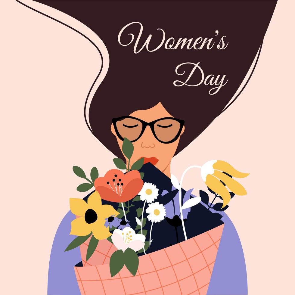 una mujer con gafas y cabello largo sostiene un ramo de flores. felicitaciones el 8 de marzo o día de la igualdad de la mujer. tarjeta de felicitación, papel tapiz, plantilla. ilustración vectorial. vector