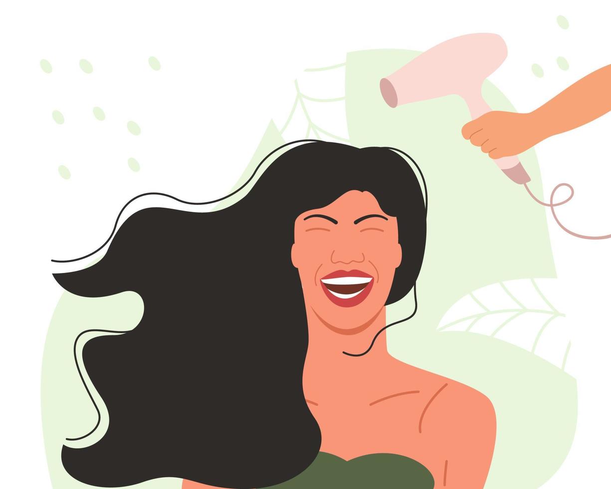 Happy girl sits in a beauty salon and dries her hair with a hairdryer. Hairdresser accessories and hairdryer. Vector flat illustration.