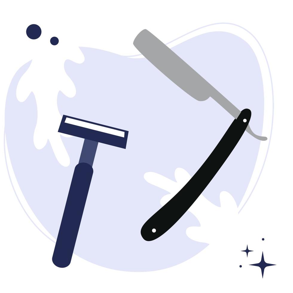 Razor and blade on a blue background. Vector flat illustration. Men's shaving and personal care supplies. Hygiene and health.