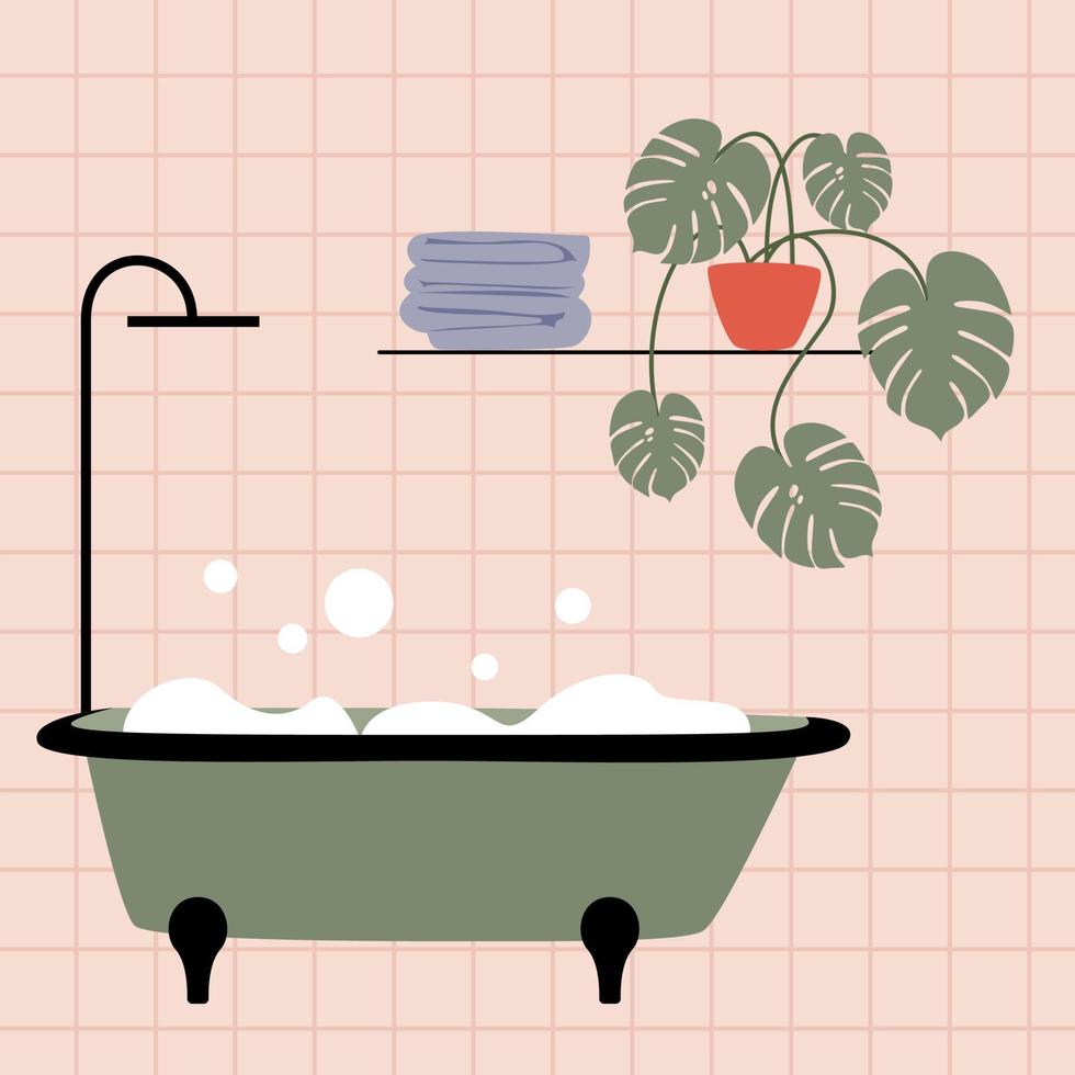 lindo interior de baño rosa con bañera verde y pompas de jabón. flor con hojas de palmera en el interior. ilustración vectorial plana. vector