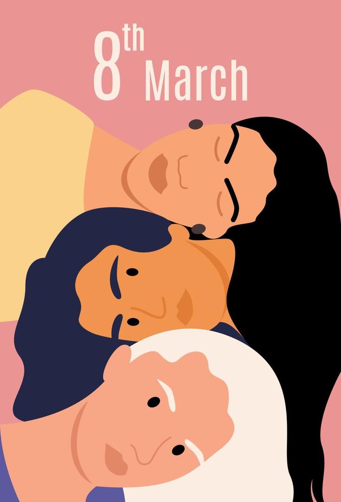 tres amigas o hermanas de cabello largo posaron la cabeza una encima de la otra. felicitaciones el 8 de marzo o día de la mujer. tarjeta de felicitación con fondo rosa, papel tapiz, plantilla. ilustración vectorial. vector