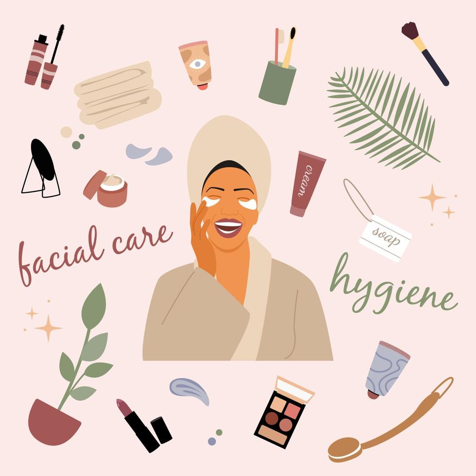 alegre mujer africana en bata beige se dedica a la rutina cosmética diaria. Cosméticos femeninos para el maquillaje. ilustración vectorial. vector