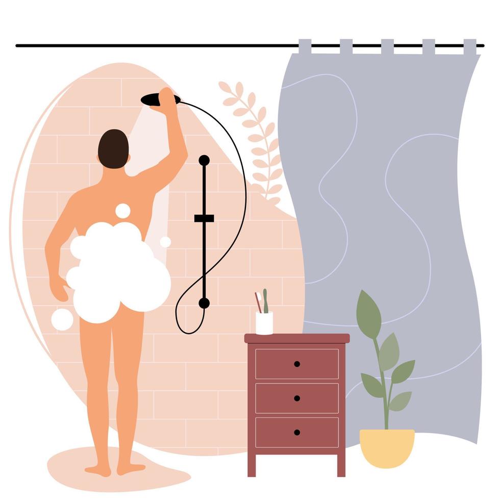 un hombre desnudo con pompas de jabón blancas se lava en su casa bajo la ducha del baño. autocuidado diario, higiene y aseo. vector ilustración plana.