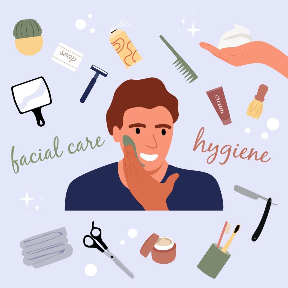 Smiling man on a blue background applies a facial mask to himself. Hygiene, health and love for the body. Vector flat illustration. Barbershop and men's cosmetics.