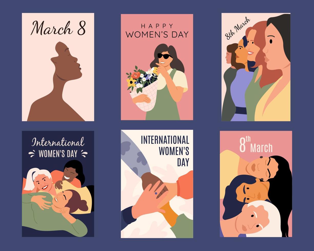 Collection of greeting cards or postcard templates with race women, flowers, feminism girlfriends and happy women's day wishes. Modern festive vector illustration for women's day celebration.