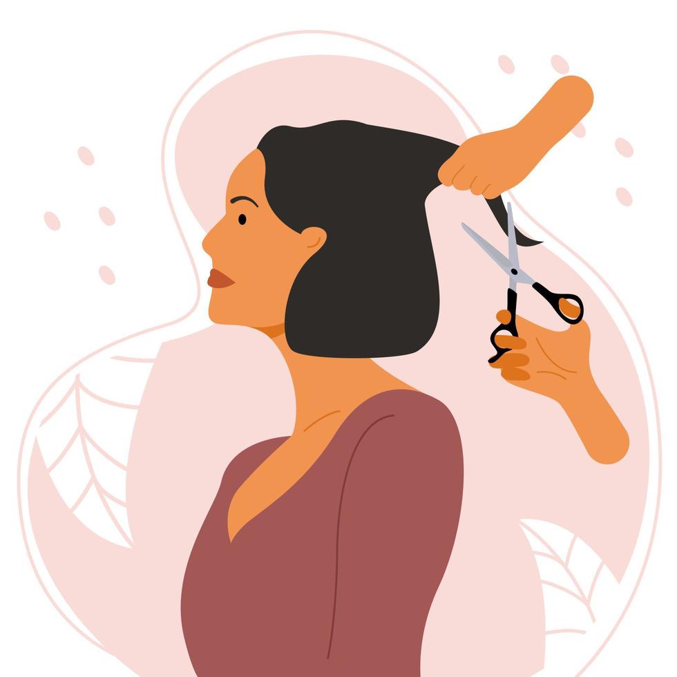 mujer morena con pelo bob en el salón para un corte de pelo. vector ilustración plana.