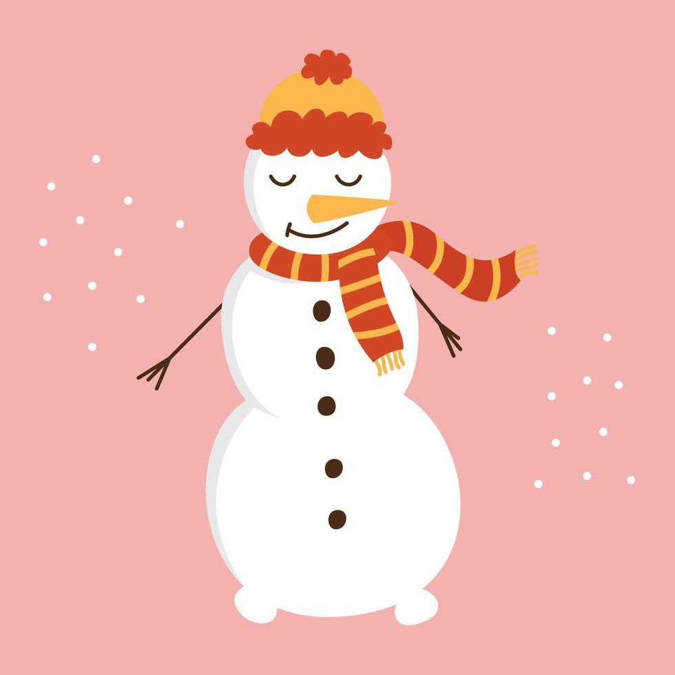 un muñeco de nieve de dibujos animados lindo con un sombrero rojo y una bufanda se encuentra con una zanahoria en lugar de una nariz. vector ilustración plana.