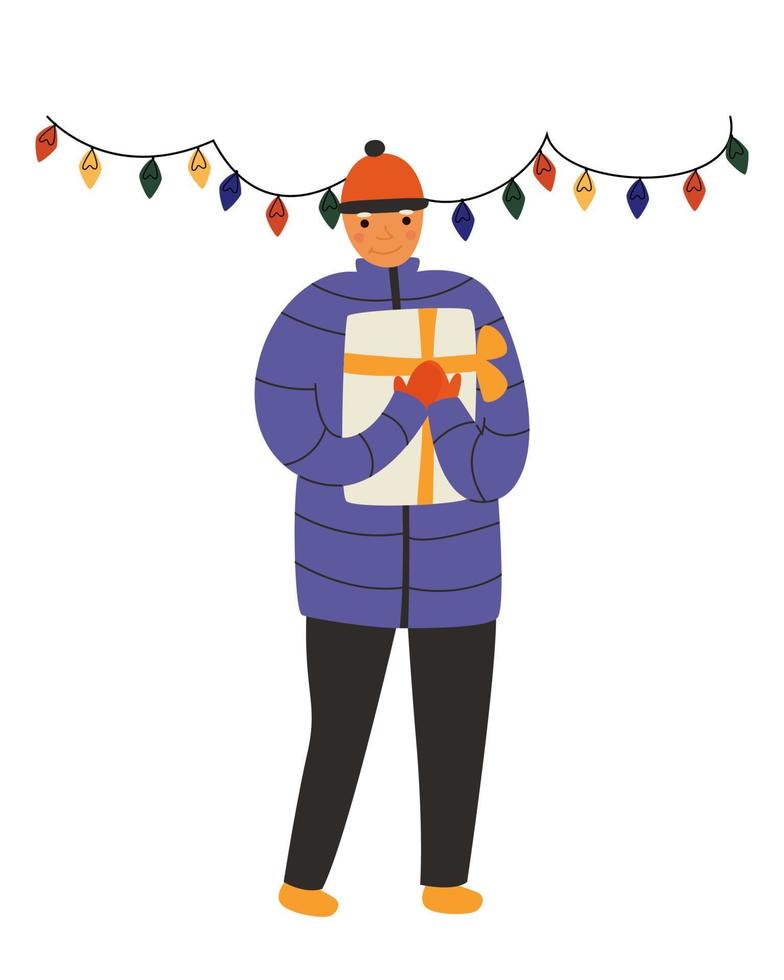 un hombre con chaqueta sostiene un regalo de año nuevo. postal con felicitaciones o papel tapiz en un teléfono inteligente. vector ilustración plana