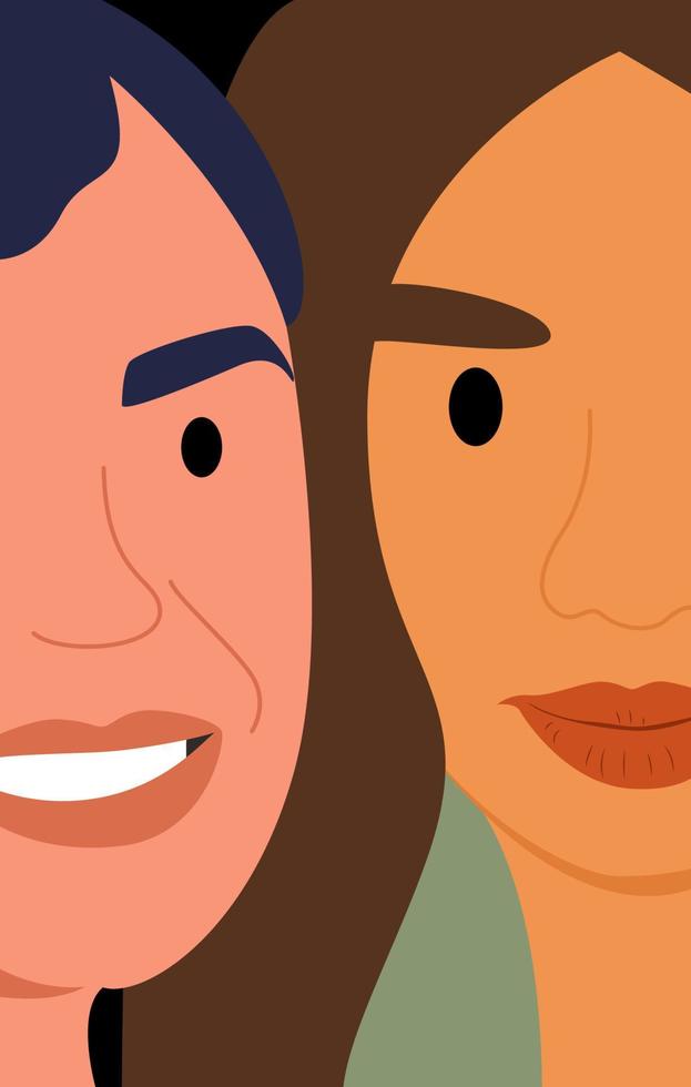 Halves of two female faces. Equality women day or happy women day. Sisterhood, friendship, equality. Vector illustration.