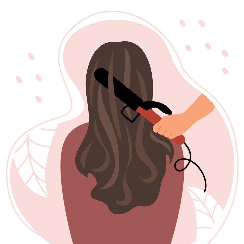 The woman is sitting with her back with beautiful curly brown hair. Curling hair on a curling iron and care. Vector flat illustration.