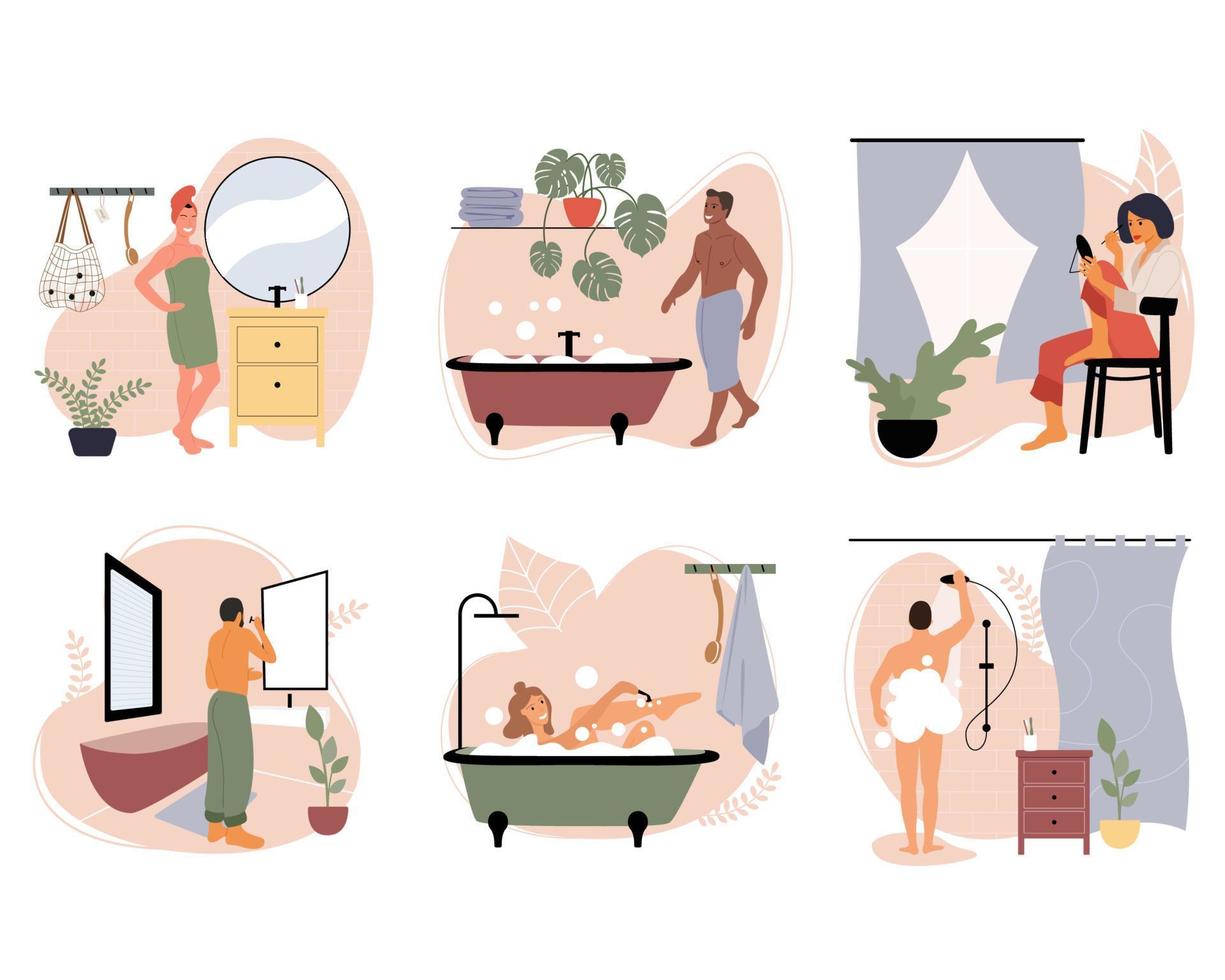 conjunto de ilustraciones vectoriales con personas que realizan la higiene y la rutina diaria del hogar en el baño. autocuidado, amor propio, cuidado del cuerpo. ilustración vectorial plana. vector