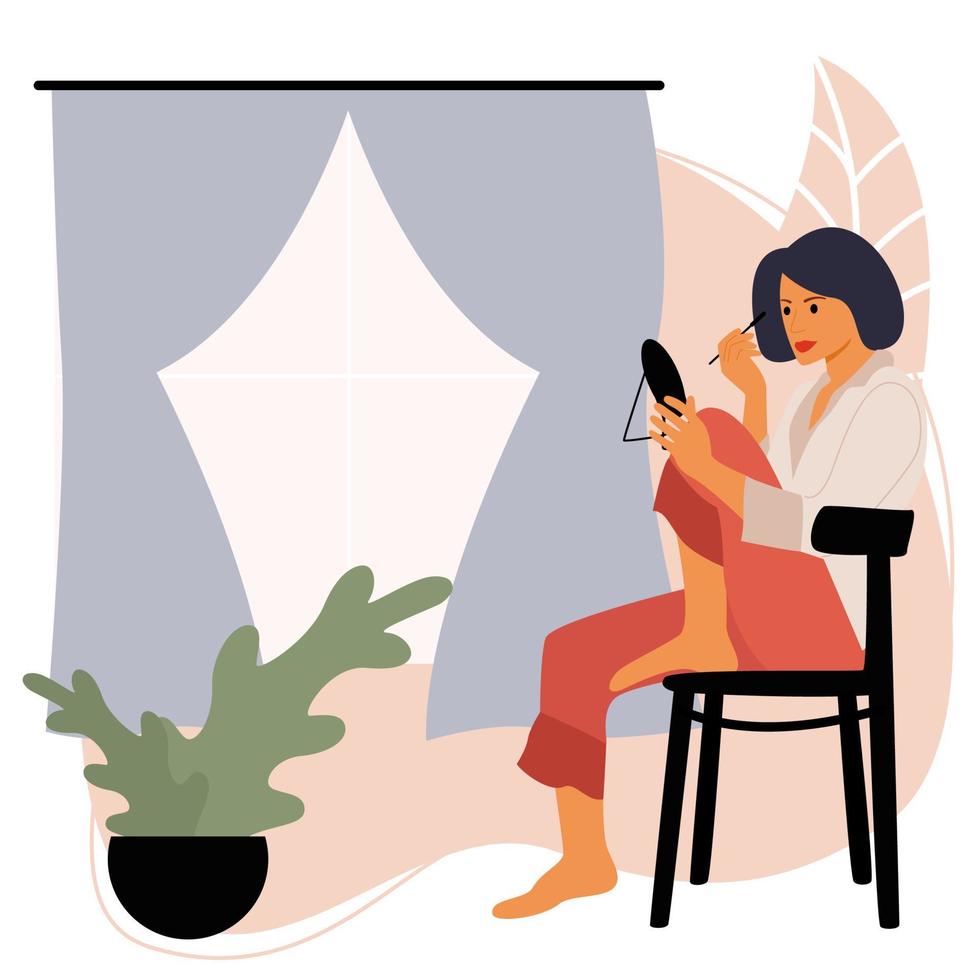A woman with a dark bob sits on a chair in the bathroom, relishes in a small mirror and does makeup. Bathroom window with curtain. Vector flat illusion.