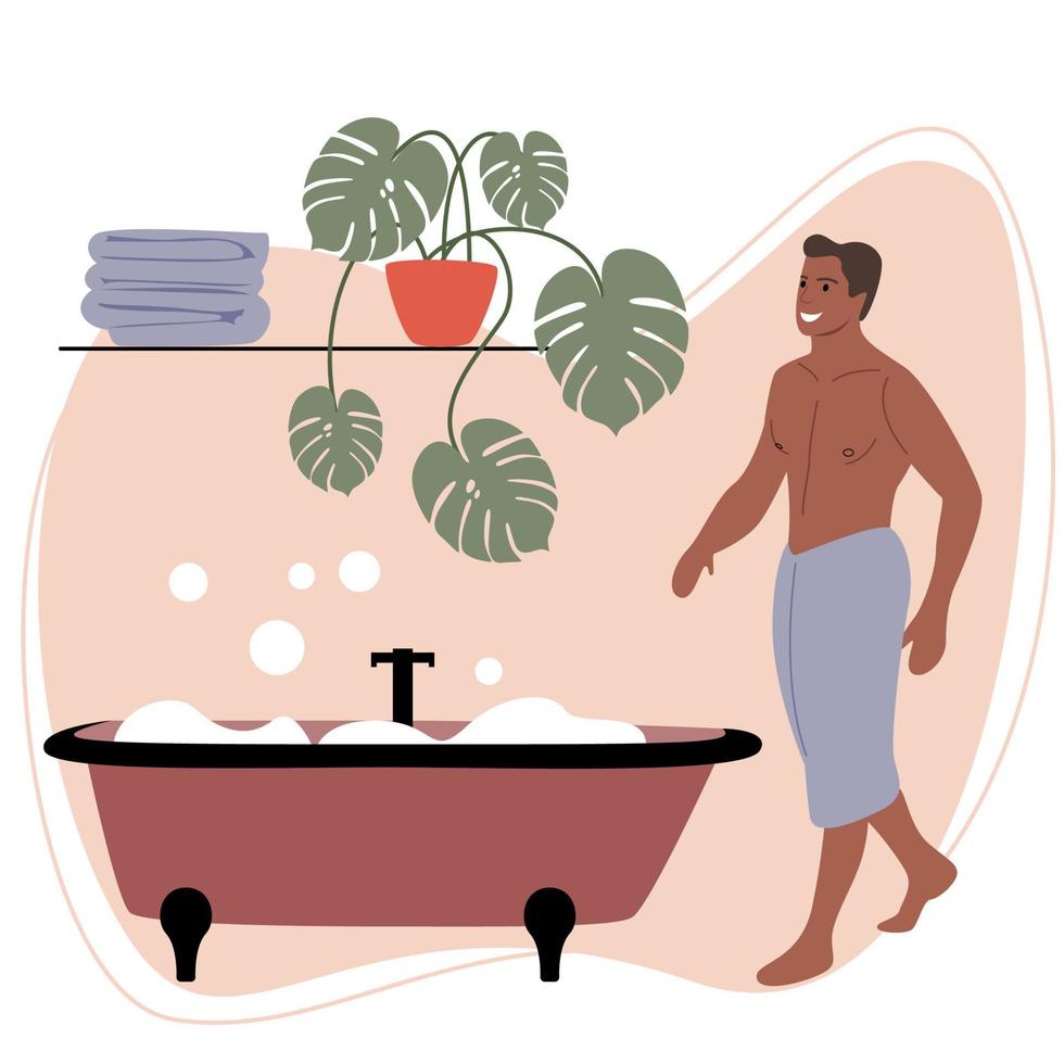 un hombre lleno de vida con una toalla planea tomar un baño con pompas de jabón. una toalla azul en los muslos del hombre. autocuidado y relajación. rutina nocturna en el baño. vector ilustración plana.