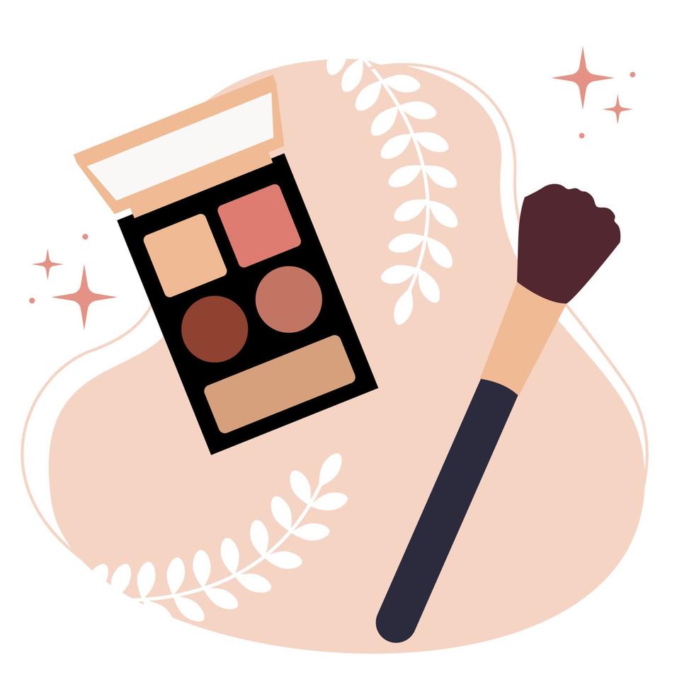 Eye shadow and cosmetic makeup brush isolated on light blue background. Makeup stylist accessories. Vector flat illustration.