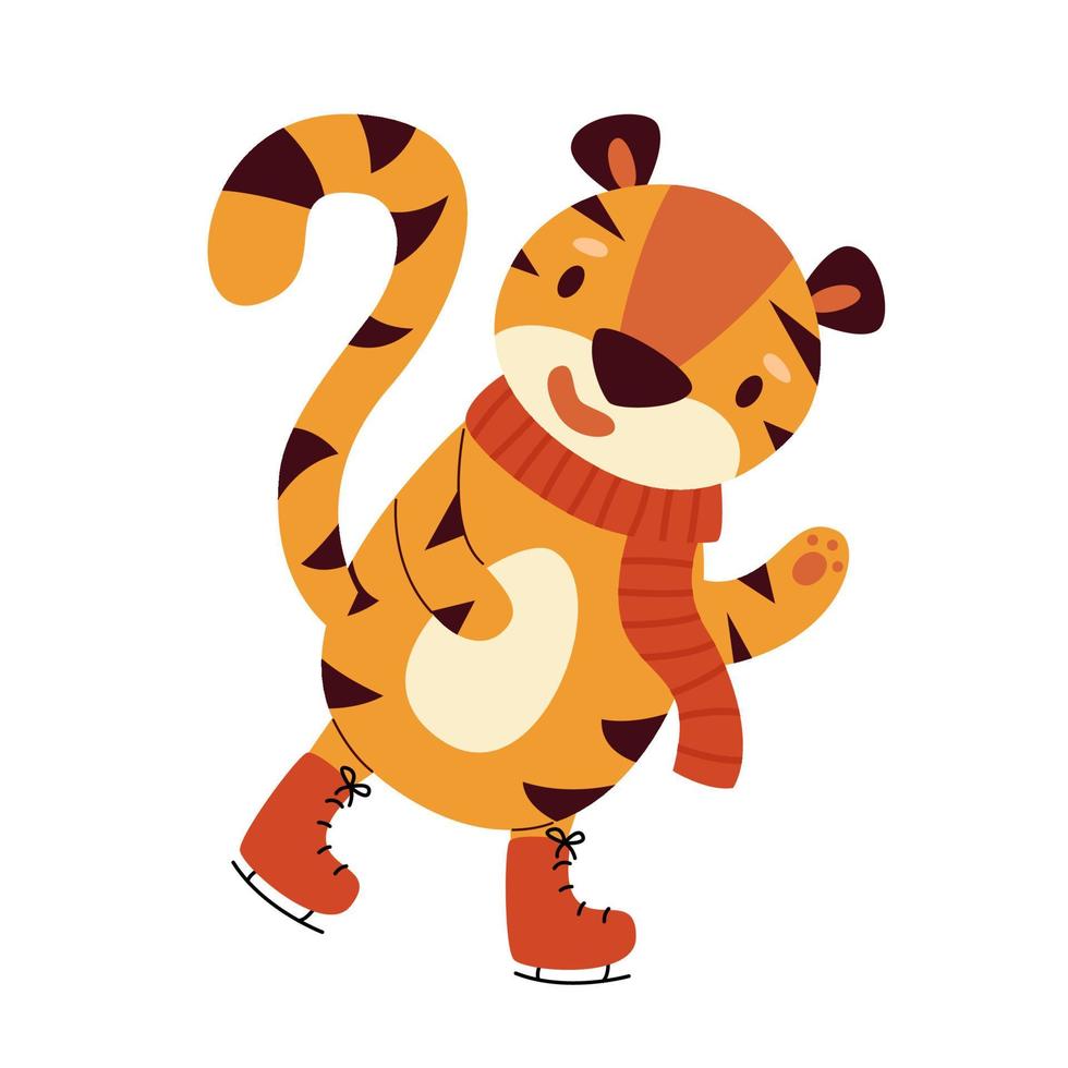 Cheerful cartoon tiger is skating in red skates and a scarf. Year of the Tiger and Happy New Year. Vector flat illustration