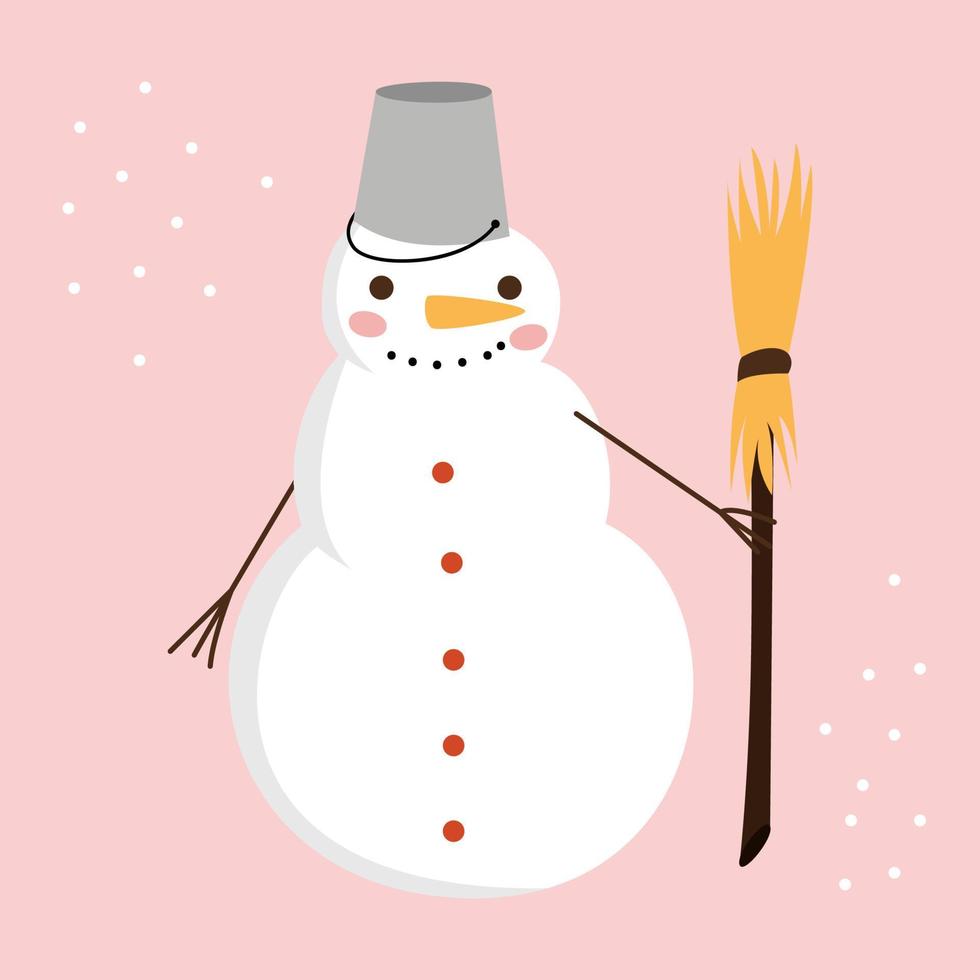 Cute cartoon snowman wipers with a bucket on his head and a broom rejoices in the winter on a pink background. Vector flat illustration.