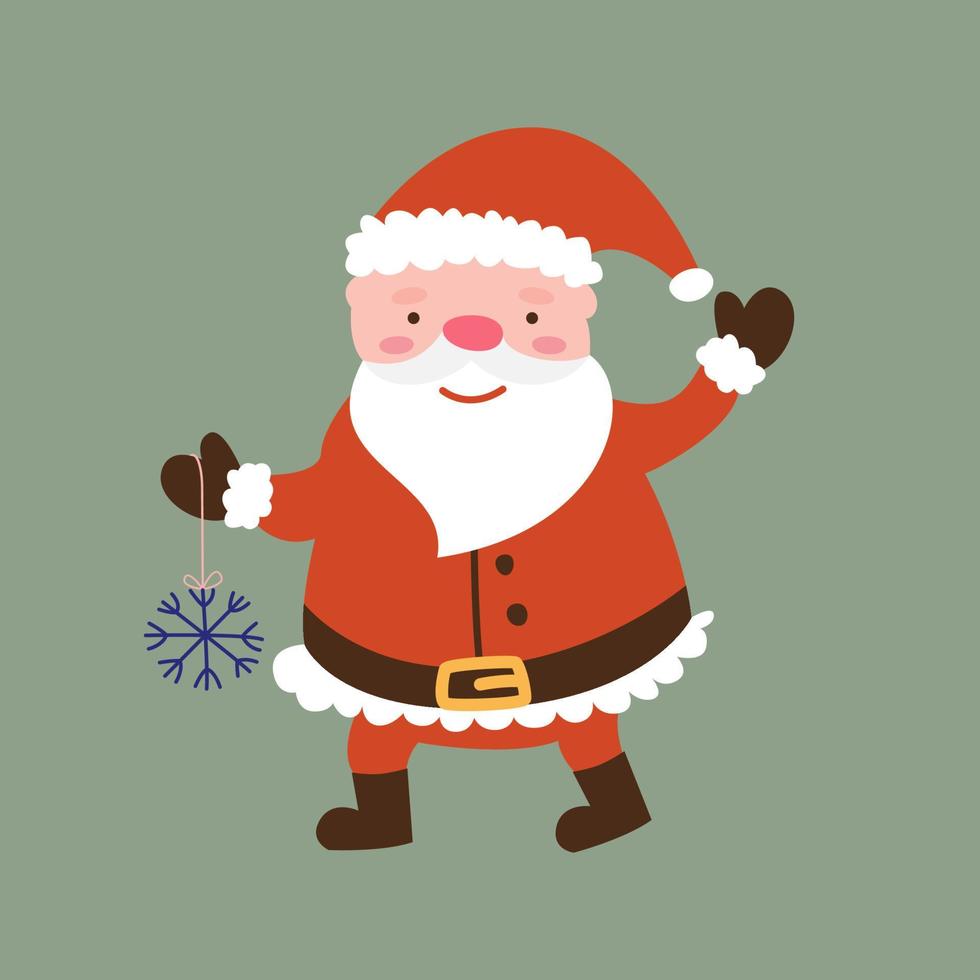 Cartoon cute character Santa Claus in a red suit carries a snowflake toy. Happy New Year or Merry Christmas. Vector flat illustration