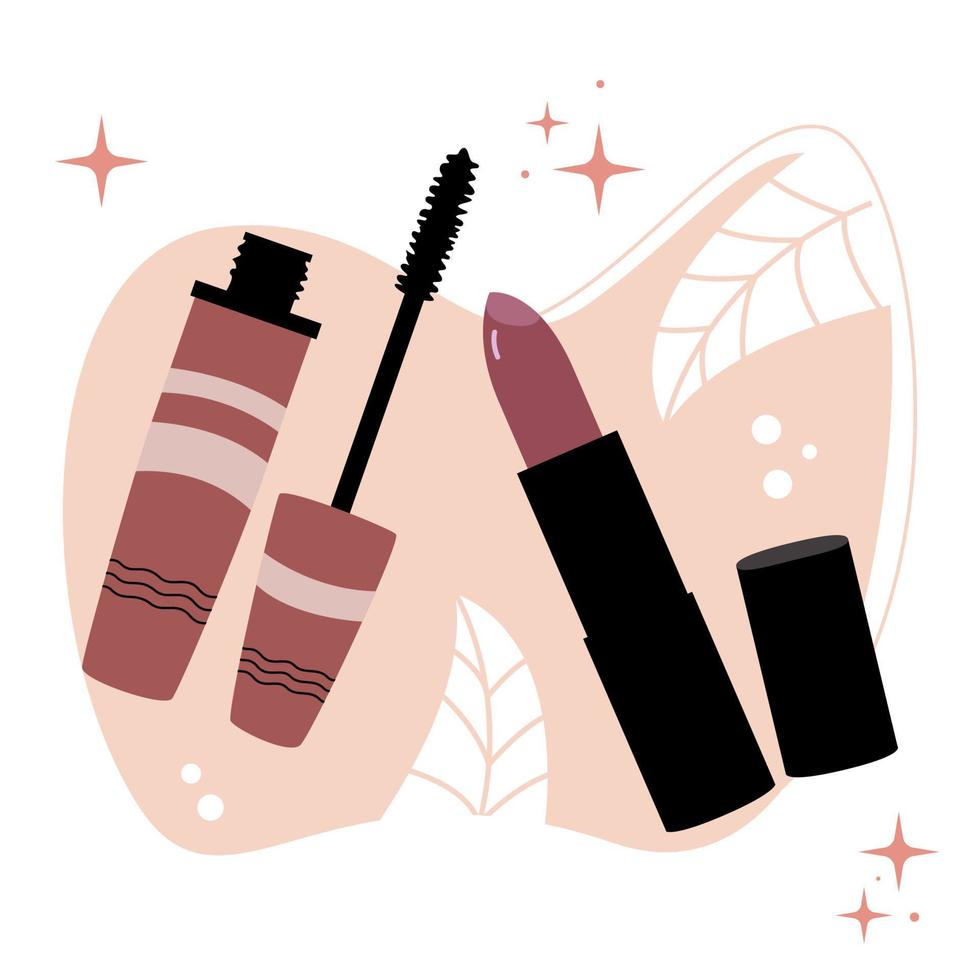 Mascara and red lipstick on pink background. Decorative cosmetics and beauty. Vector illustration.