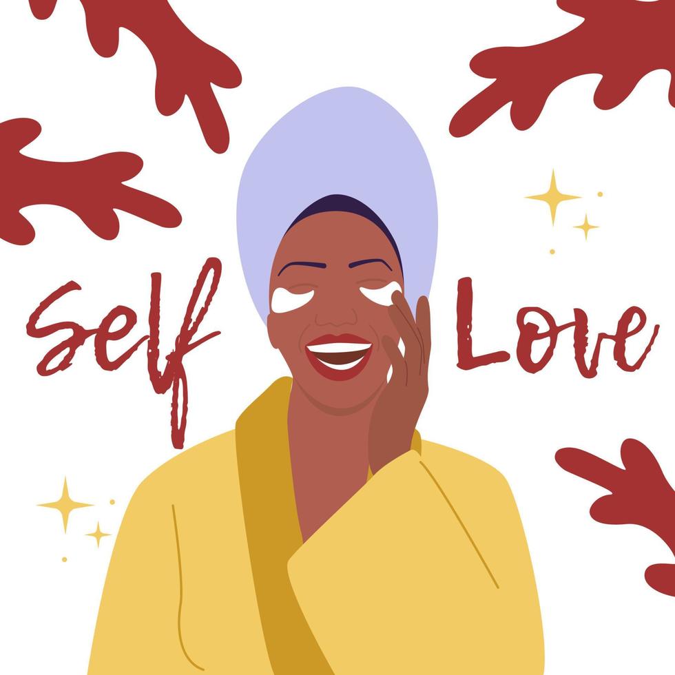 A joyful dark-skinned girl in a yellow robe and with a towel on her head loves herself and takes care of herself. Vector flat illustration.dr
