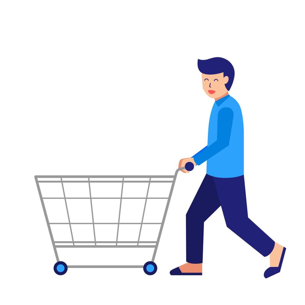 young man shopping. push empty shopping trolley vector