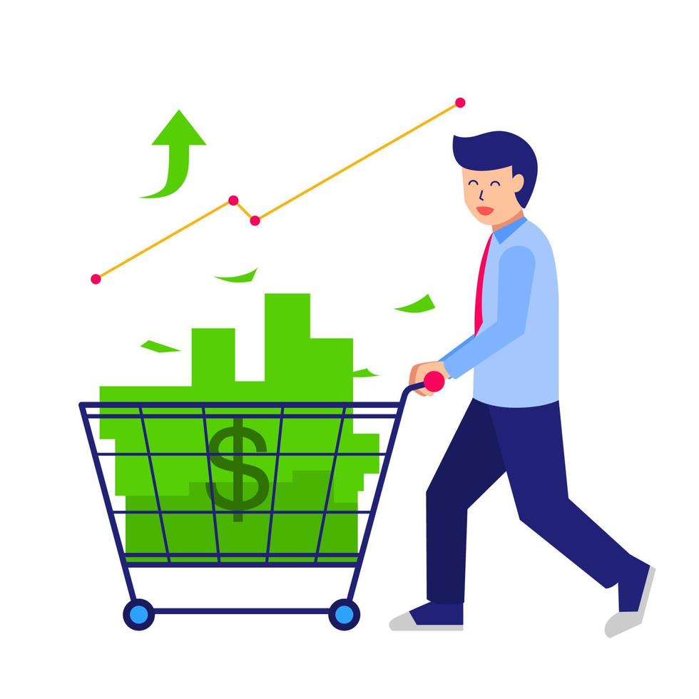 Businessman pushing a trolley filled with lots of money. success. vector illustration