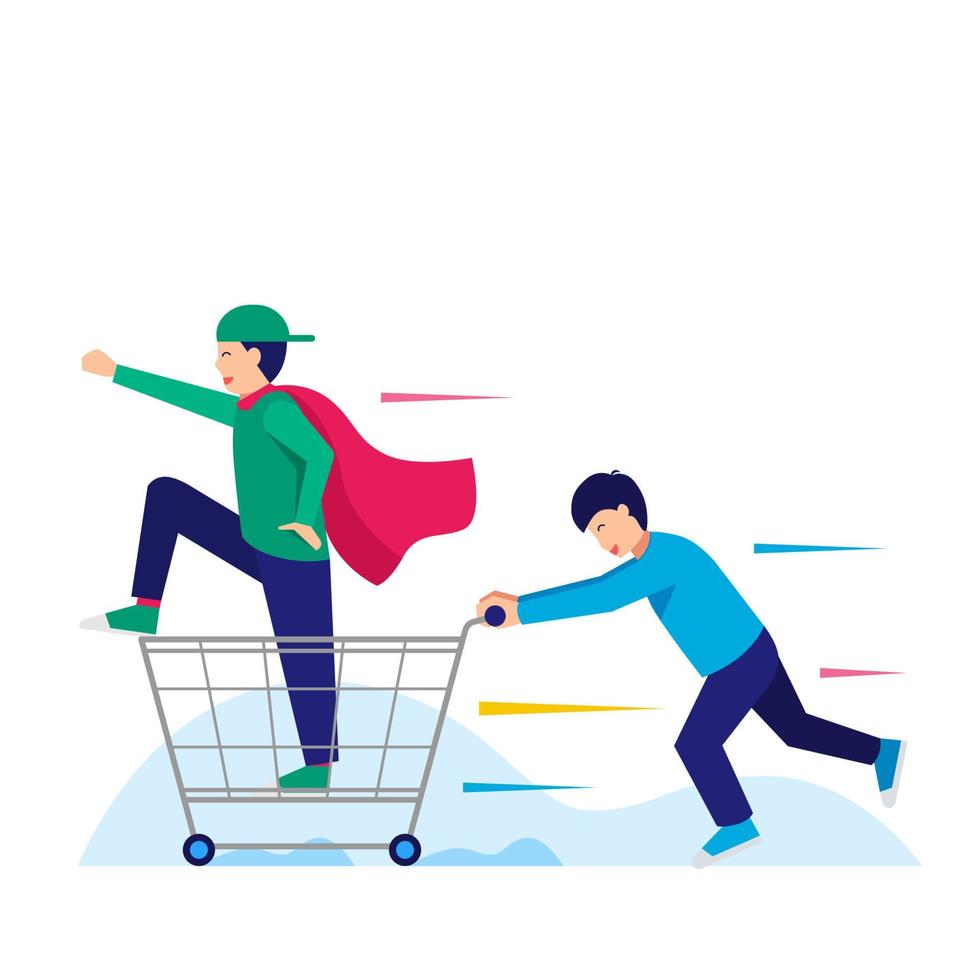 Happy teenager having fun while  shopping in supermarket. Happy young man pushing a shopping cart with his friend inside. sale vector