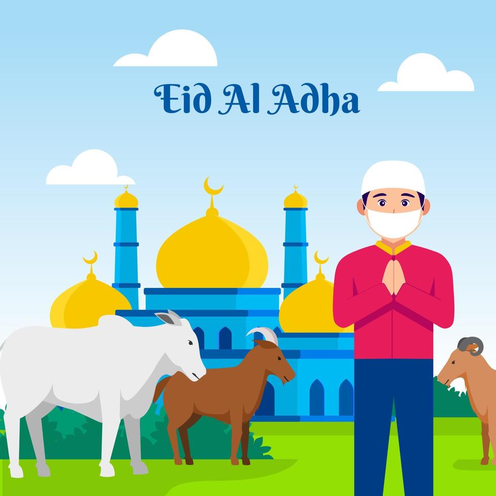 eid al adha mubarak. un musulmán trae una cabra y una vaca para qurban. ilustración vectorial vector