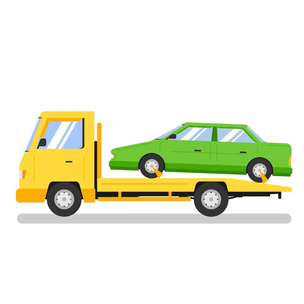 yellow tow truck with car. Towing truck delivers the broken car. Side view. isolated vector