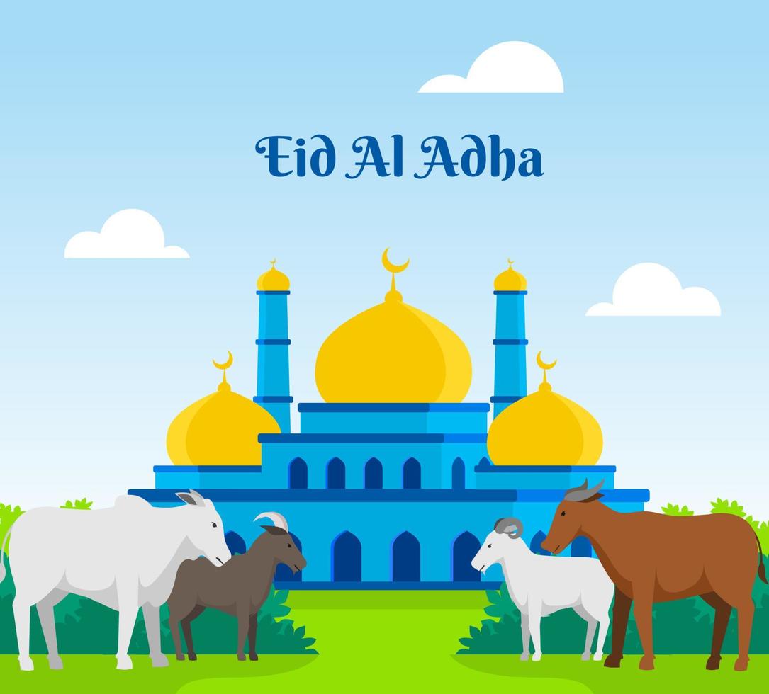 Qurban Animals Collection with Illustration of Cow, Sheep and Goat background design with mosque. Vector Illustration