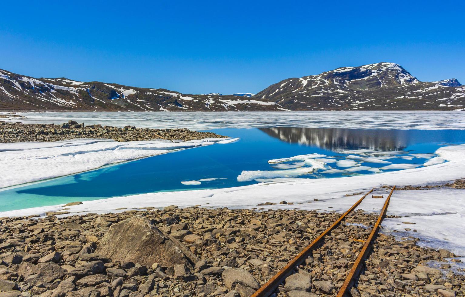 Old rails lead into water of frozen lake Vavatn Hemsedal. photo