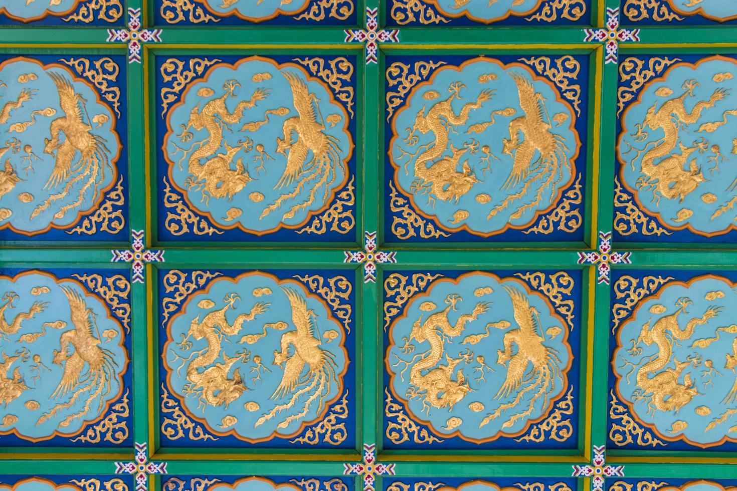Wall texture golden dragons blue turquoise background, Thean Hou temple. photo