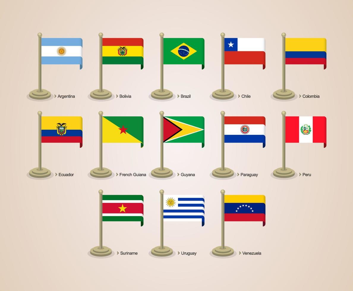 Ilustración gráfica de vector de las banderas de los países de América del Sur con postes