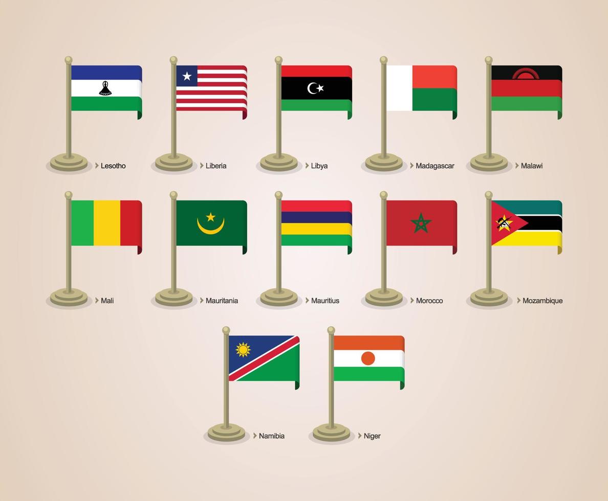 Vector graphic illustration of the flags of African countries with poles