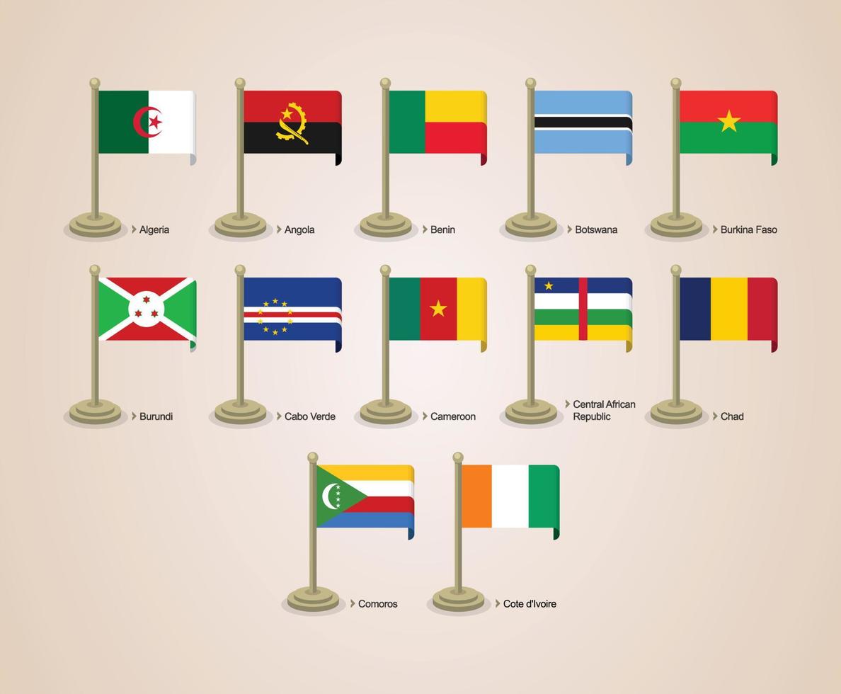 Vector graphic illustration of the flags of African countries with poles