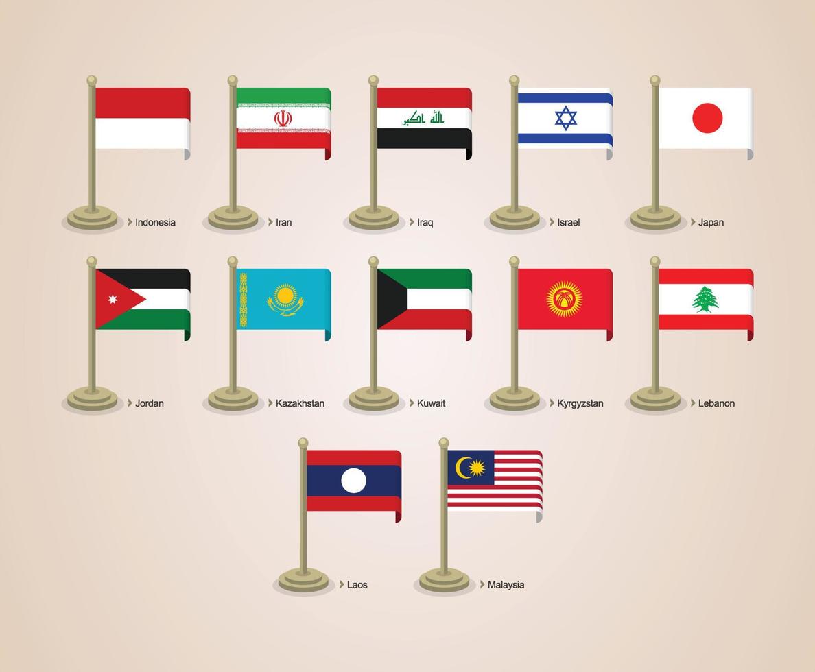 Vector graphic illustration of the flags of Asian countries with poles