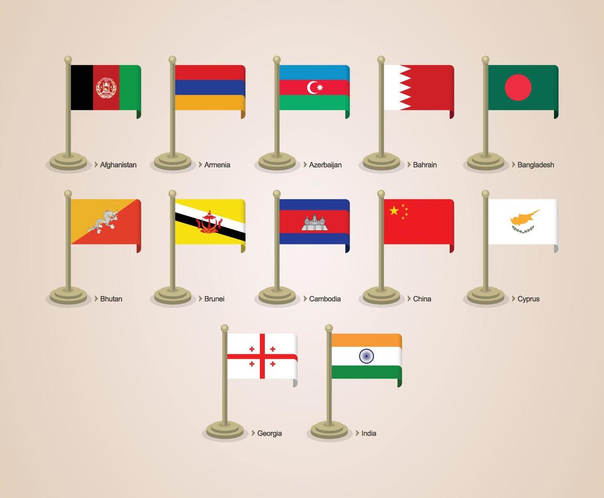 Vector graphic illustration of the flags of Asian countries with poles