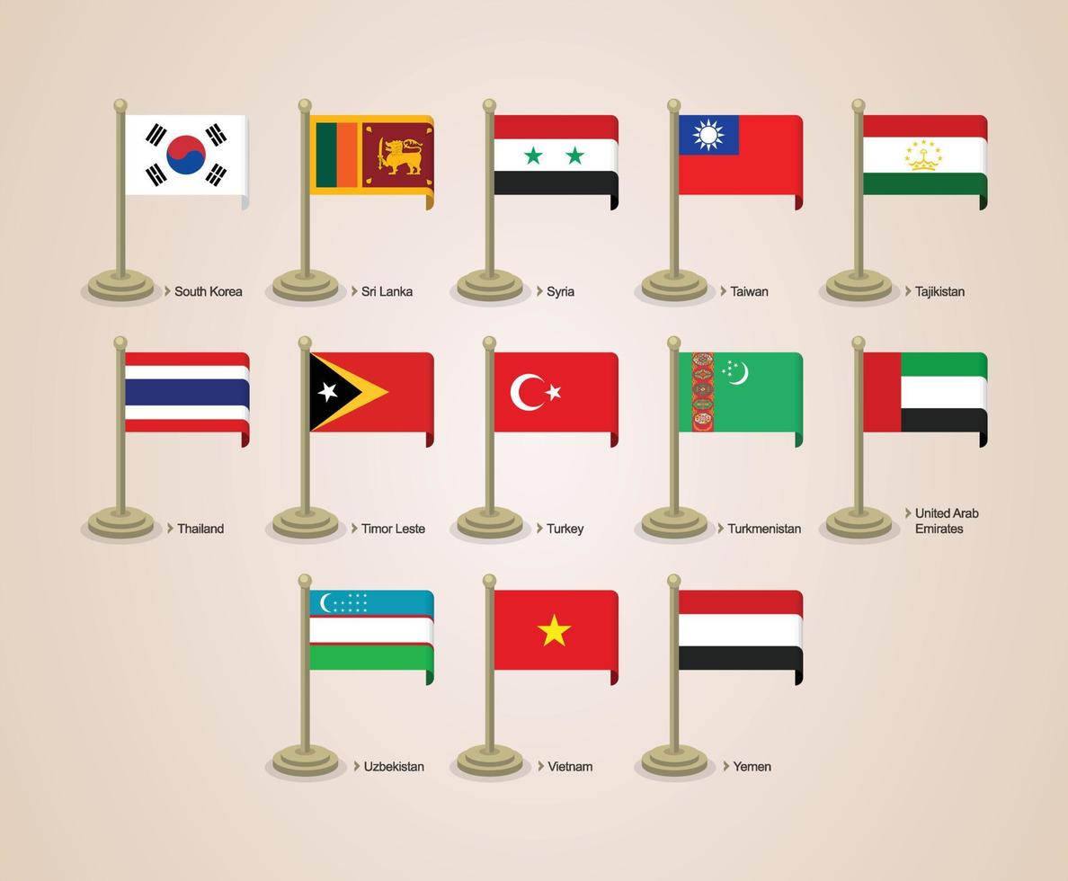 Vector graphic illustration of the flags of Asian countries with poles