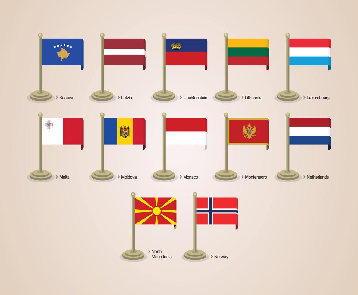 Vector graphic illustration of the flags of European countries with poles