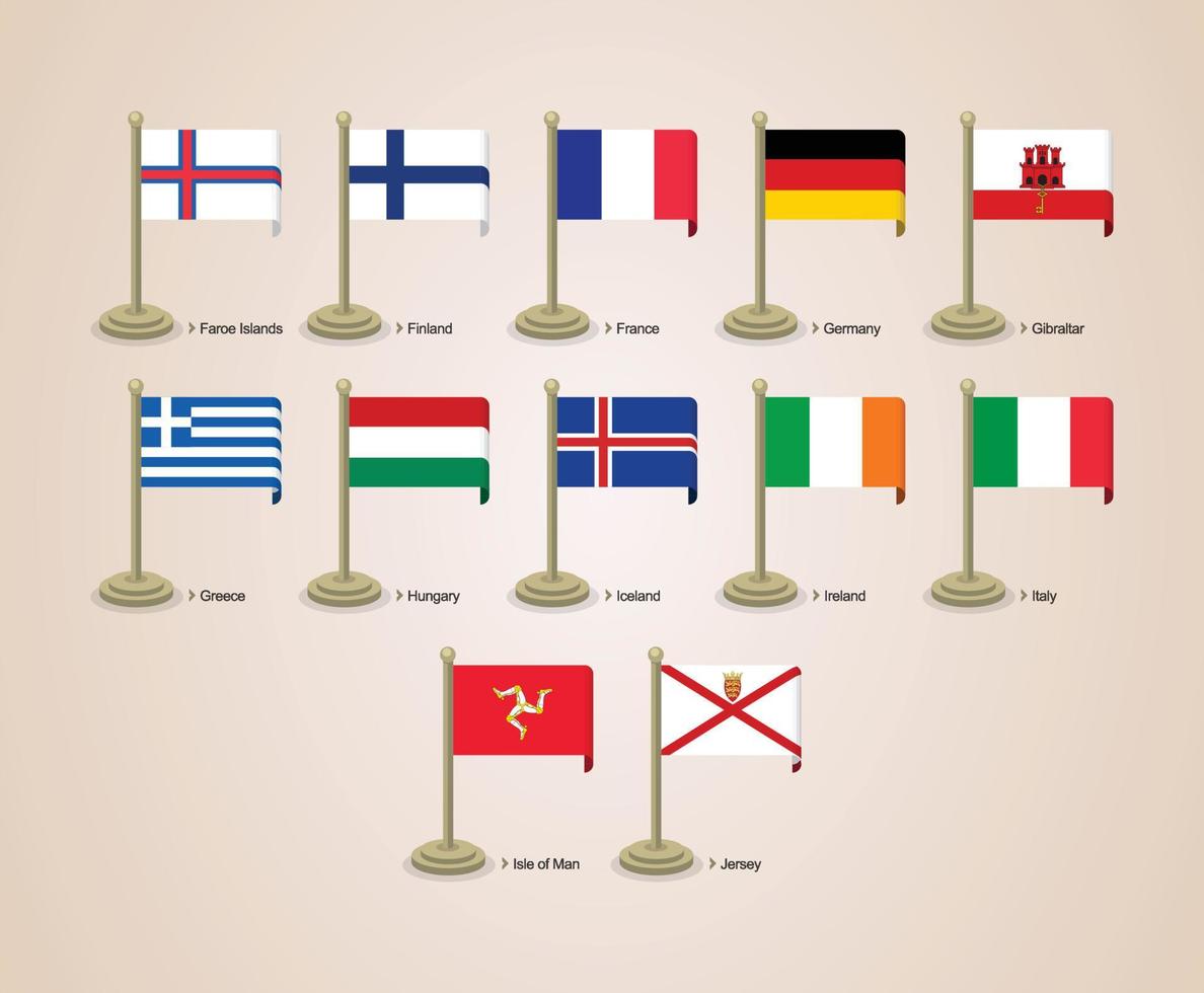 Vector graphic illustration of the flags of European countries with poles