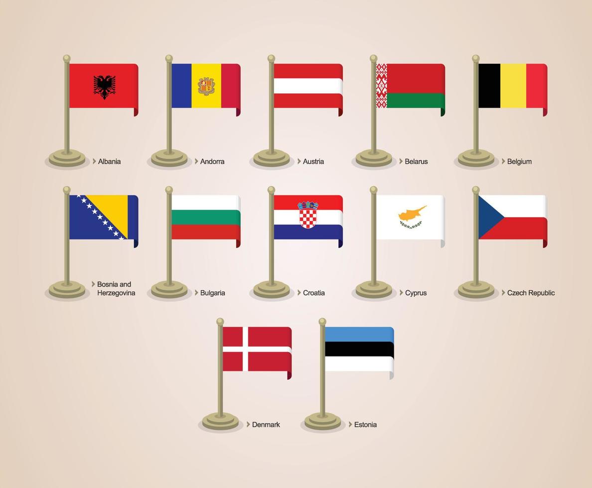 Vector graphic illustration of the flags of European countries with poles