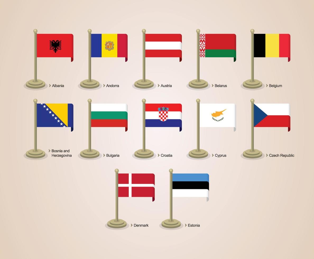 Ilustración gráfica de vector de las banderas de los países europeos con postes