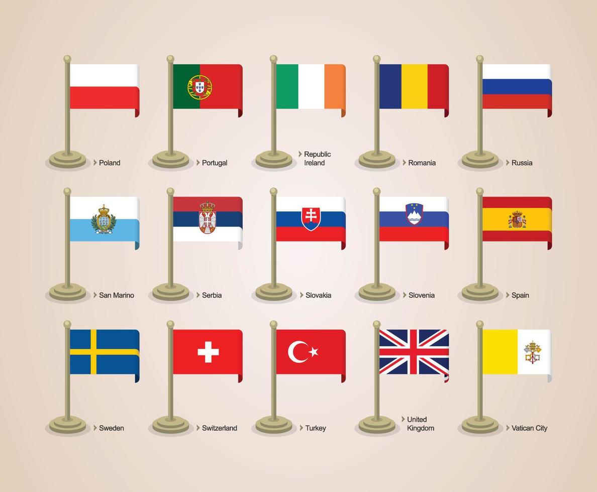 Vector graphic illustration of the flags of European countries with poles