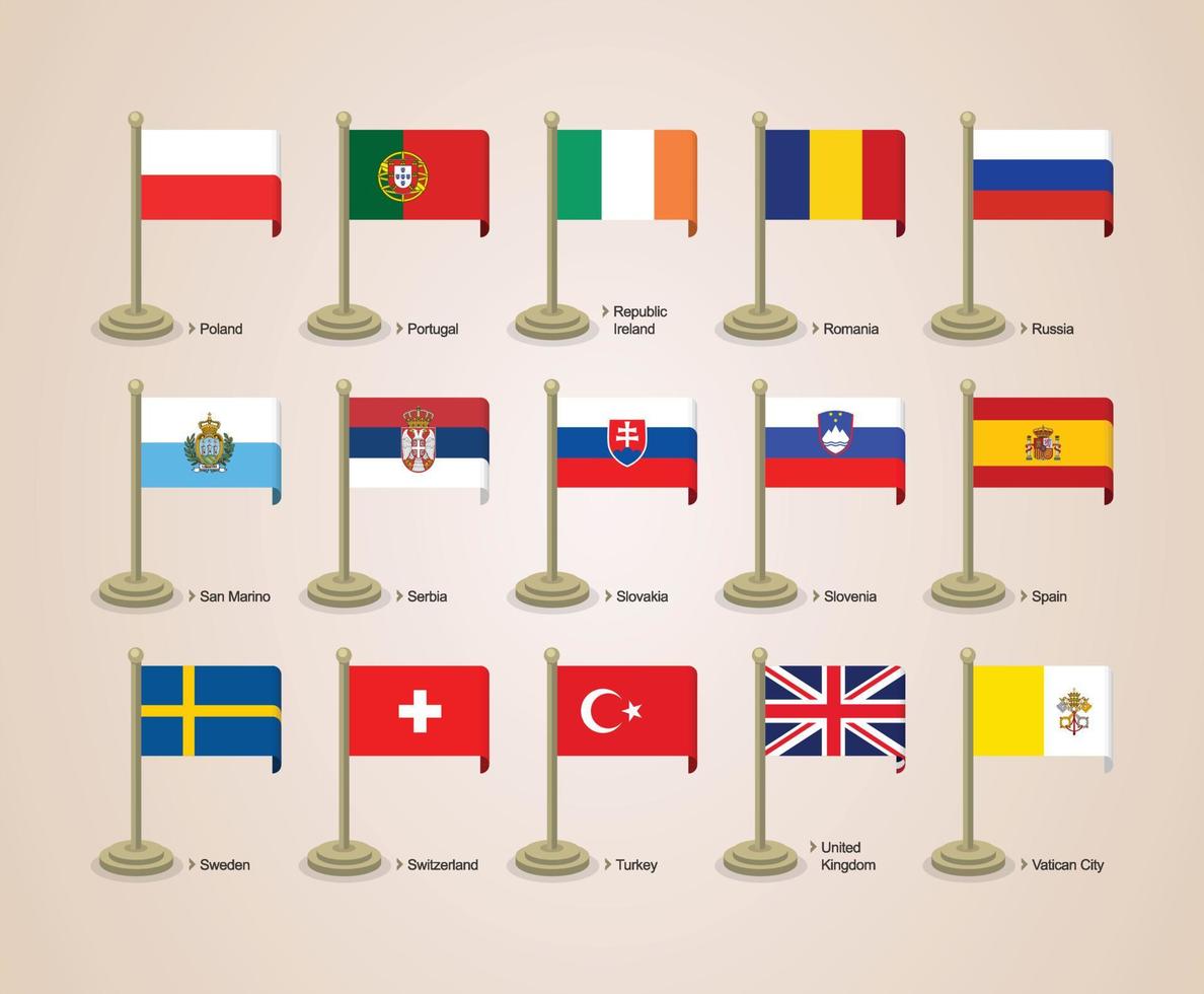 Ilustración gráfica de vector de las banderas de los países europeos con postes